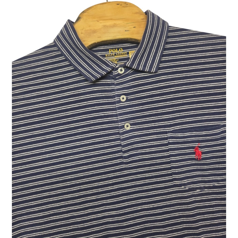 Polo Ralph Lauren Performance Shirt Mens XL Navy Blue Striped Pocket Polo XL